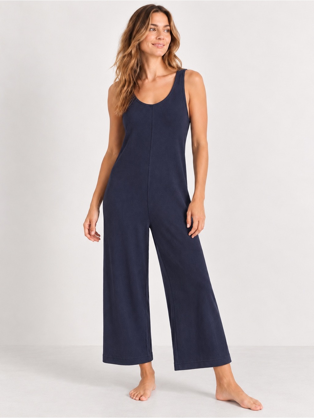 Marine Layer Re-Spun Ribbed Wide Leg Jumpsuit Navy Size Small